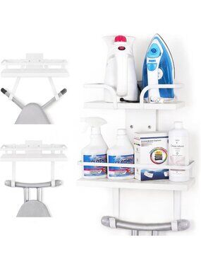 Wall-Mounted Ironing Board Holder & 2-Layer Organizer with Hooks - Laundry